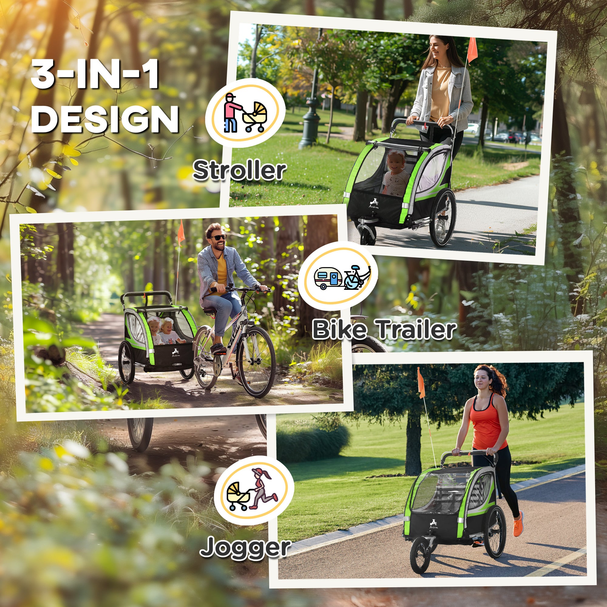 3-in-1 Bike Trailer for Kids, Running Stroller with 2 Seats, Jogging Cart with 5-Point Harness, Storage Units, Green
