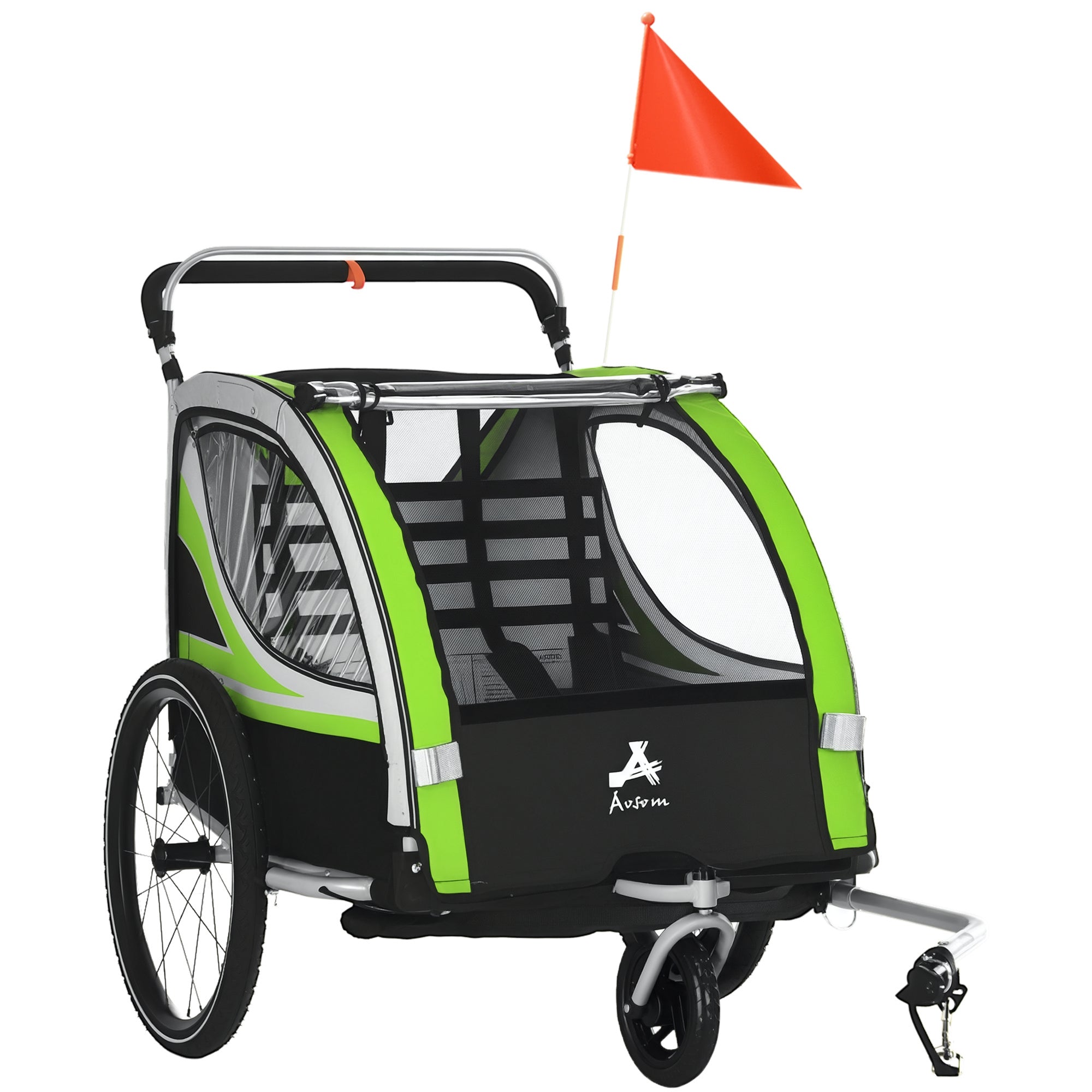 3-in-1 Bike Trailer for Kids, Running Stroller with 2 Seats, Jogging Cart with 5-Point Harness, Storage Units, Green